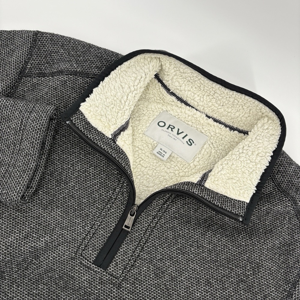 Orvis 1/4 Zip Pullover Brighton 1526440 Sherpa Lined Pocket Grey Sweater Mens XL